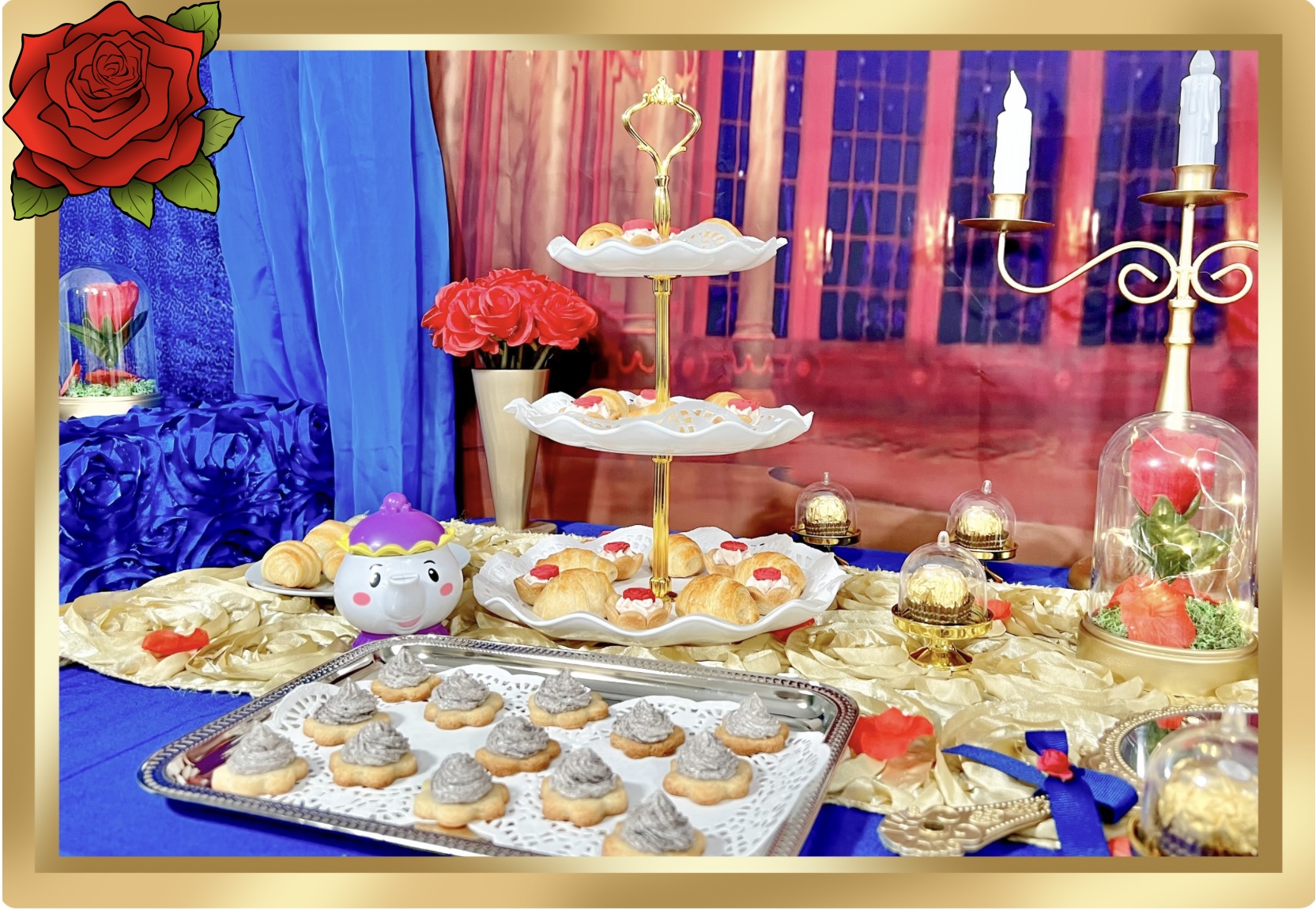 La imagen muestra una mesa con postres creados con las recetas inspiradas en la Bella y la Bestia